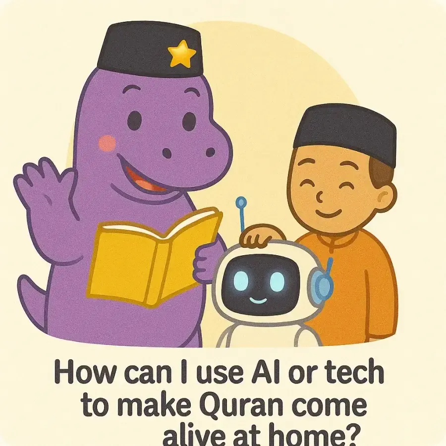 The IqraSaurus dino in a songkok with a book and children, under the question "How can I use AI or tech to make Quran come alive at home?"