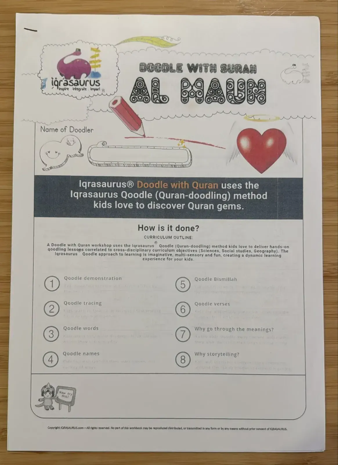 The cover of the Doodle with Surah Al-Maun workbook, with a space for the doodler's name and an 8-step outline