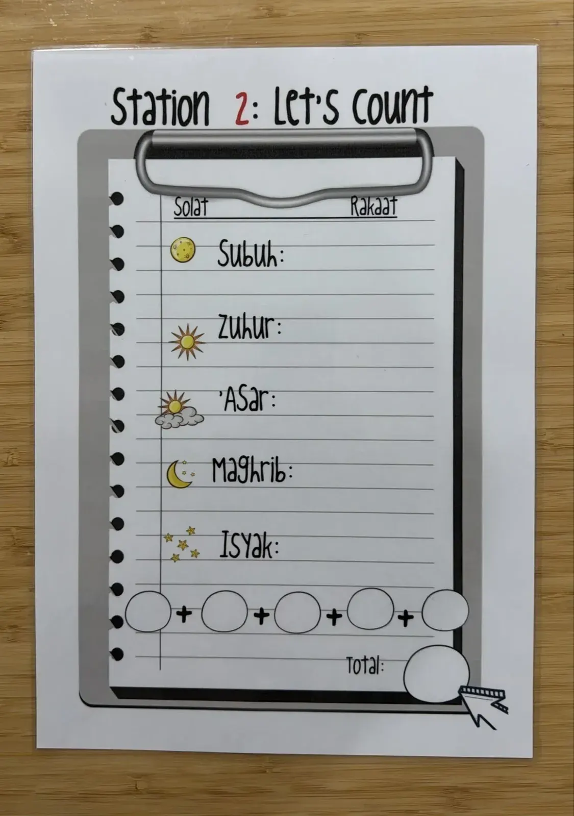 Station 2, Let's count: a clipboard card for the rakaat of each daily prayer and their total
