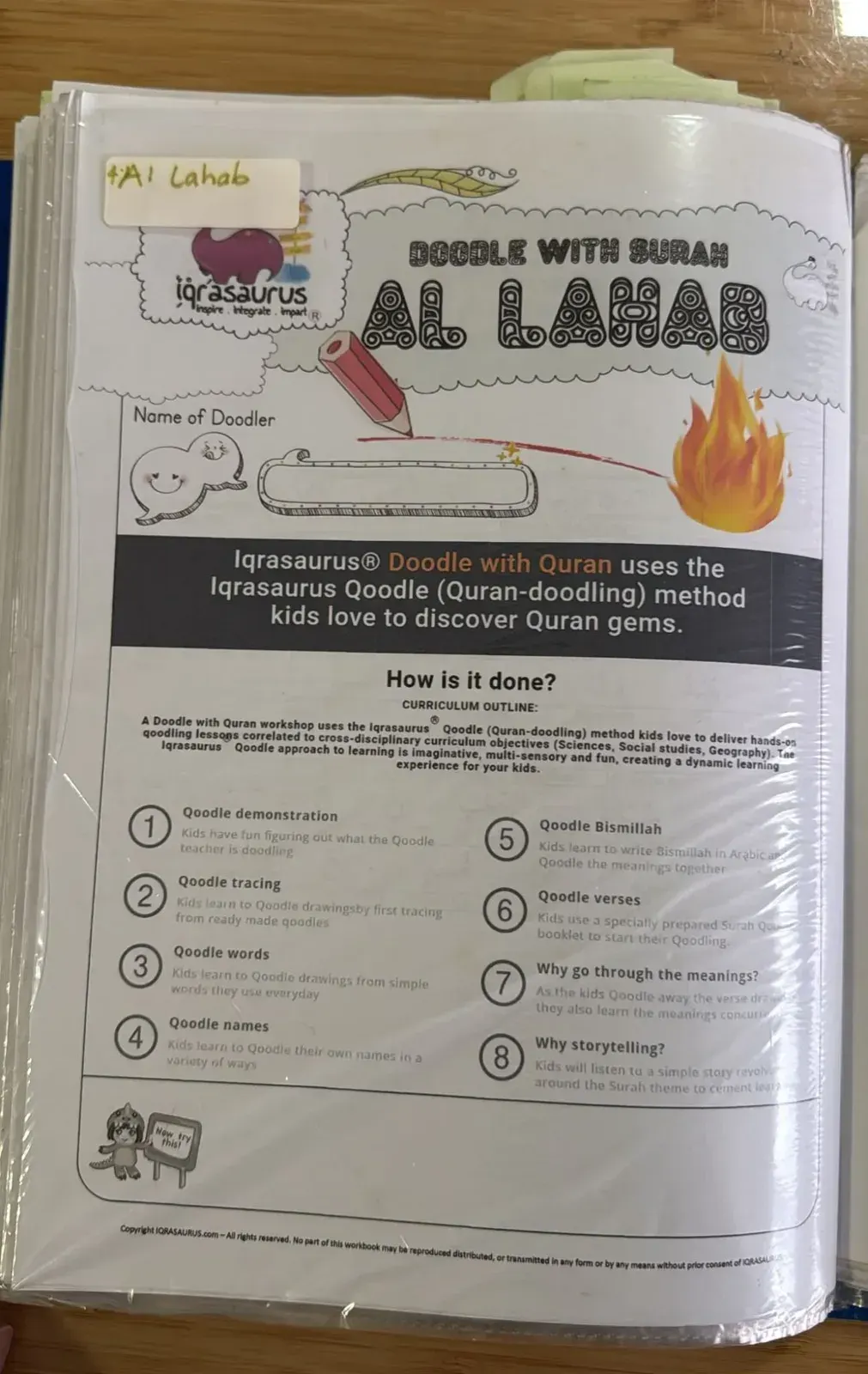 The Doodle with Surah Al Lahab cover, with the eight steps of the Qoodle method