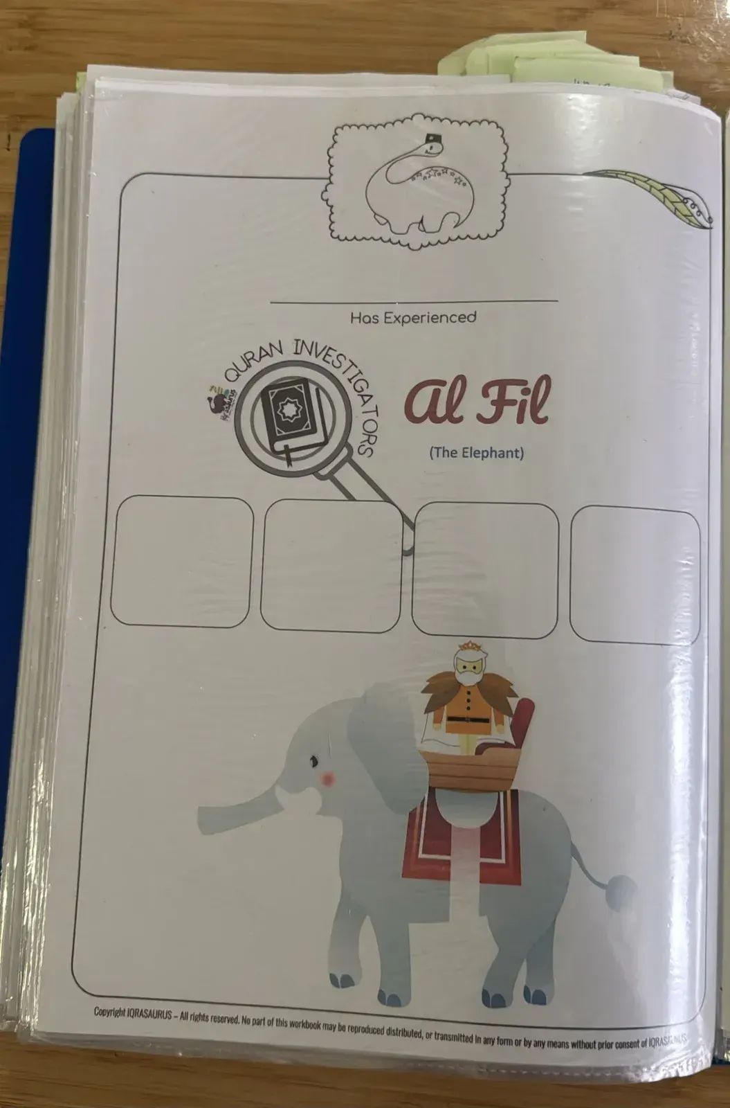 The Quran Investigators cover for Al Fil, with an elephant drawing and empty panels to draw in