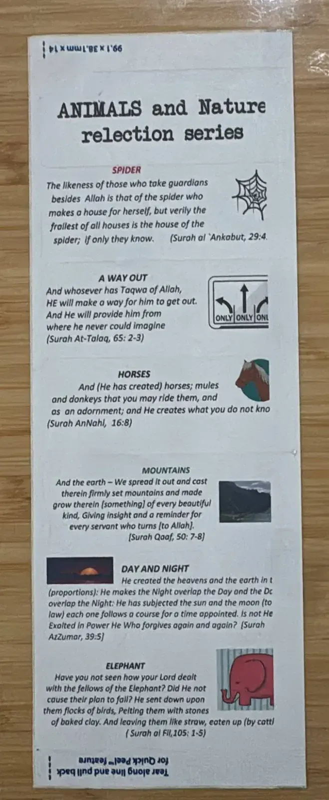 A sheet of mailing labels from the Animals and Nature reflection series: spider, a way out, horses, mountains, day and night, elephant