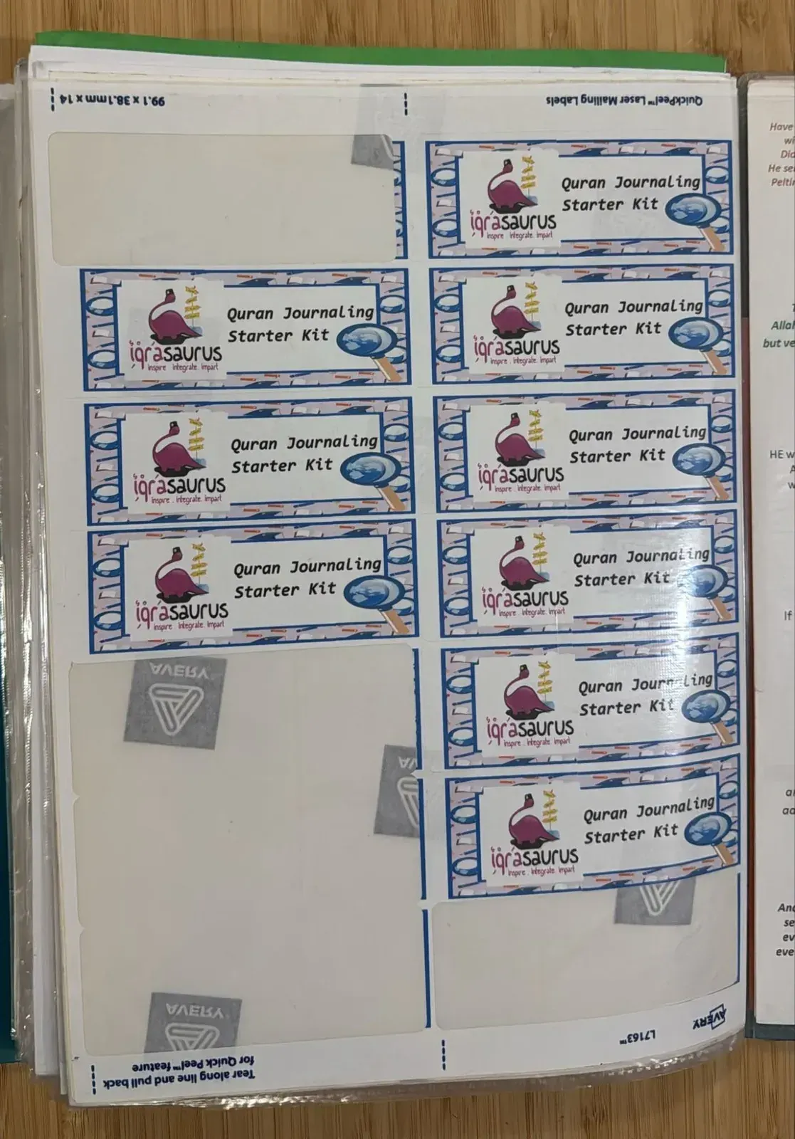 A sheet of Quran Journaling Starter Kit labels with the old IqraSaurus logo