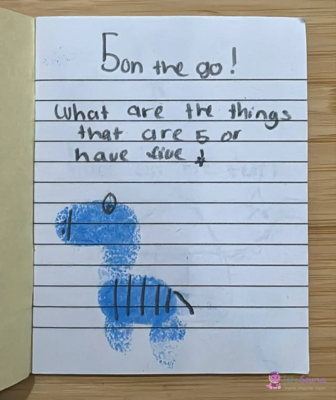 A page from 5 on the Go: a blue fingerprint dinosaur under the words "What are the things that are 5 or have five?"