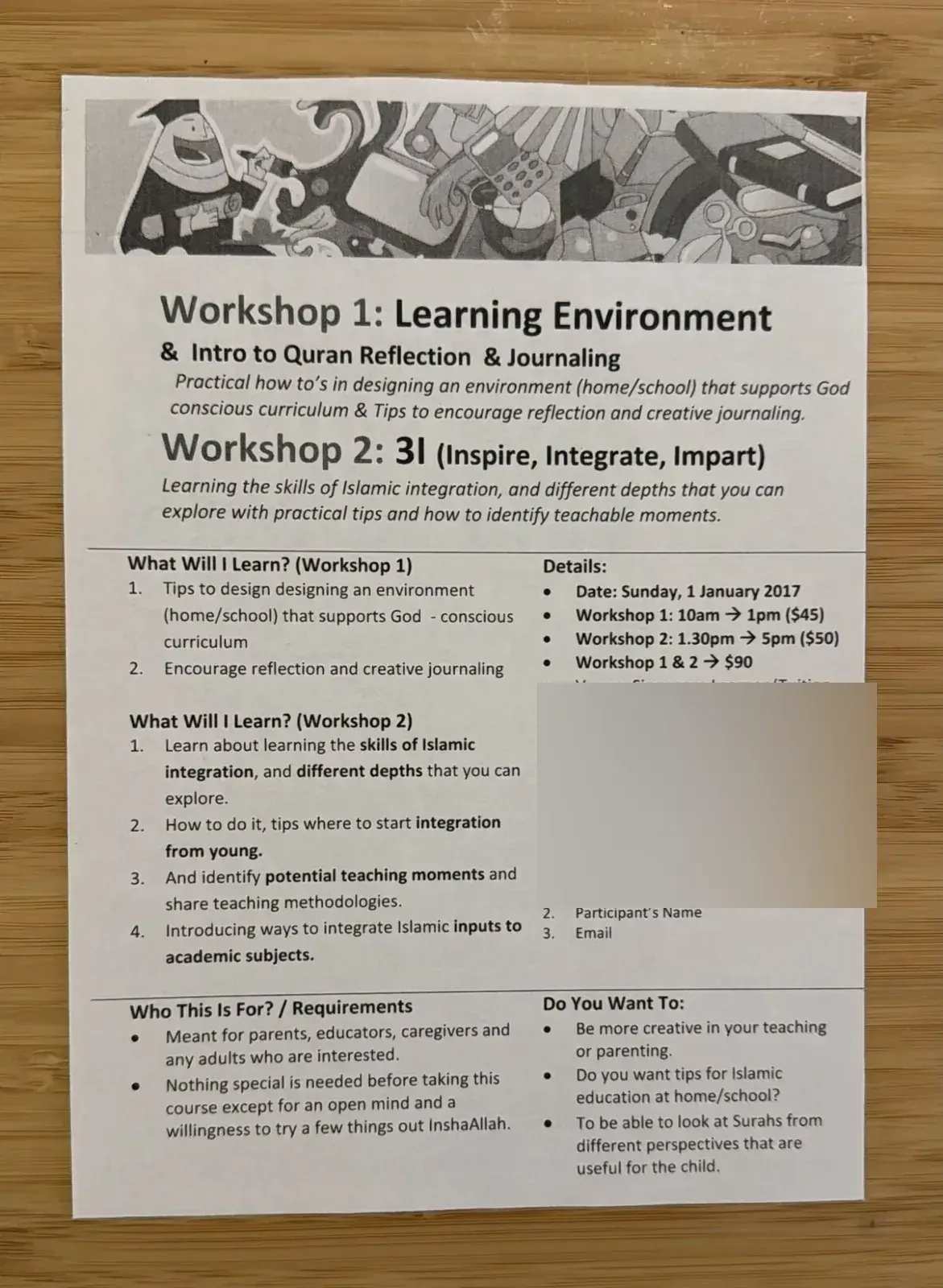 Flyer for two workshops on 1 January 2017: Learning Environment, and 3I (Inspire, Integrate, Impart)