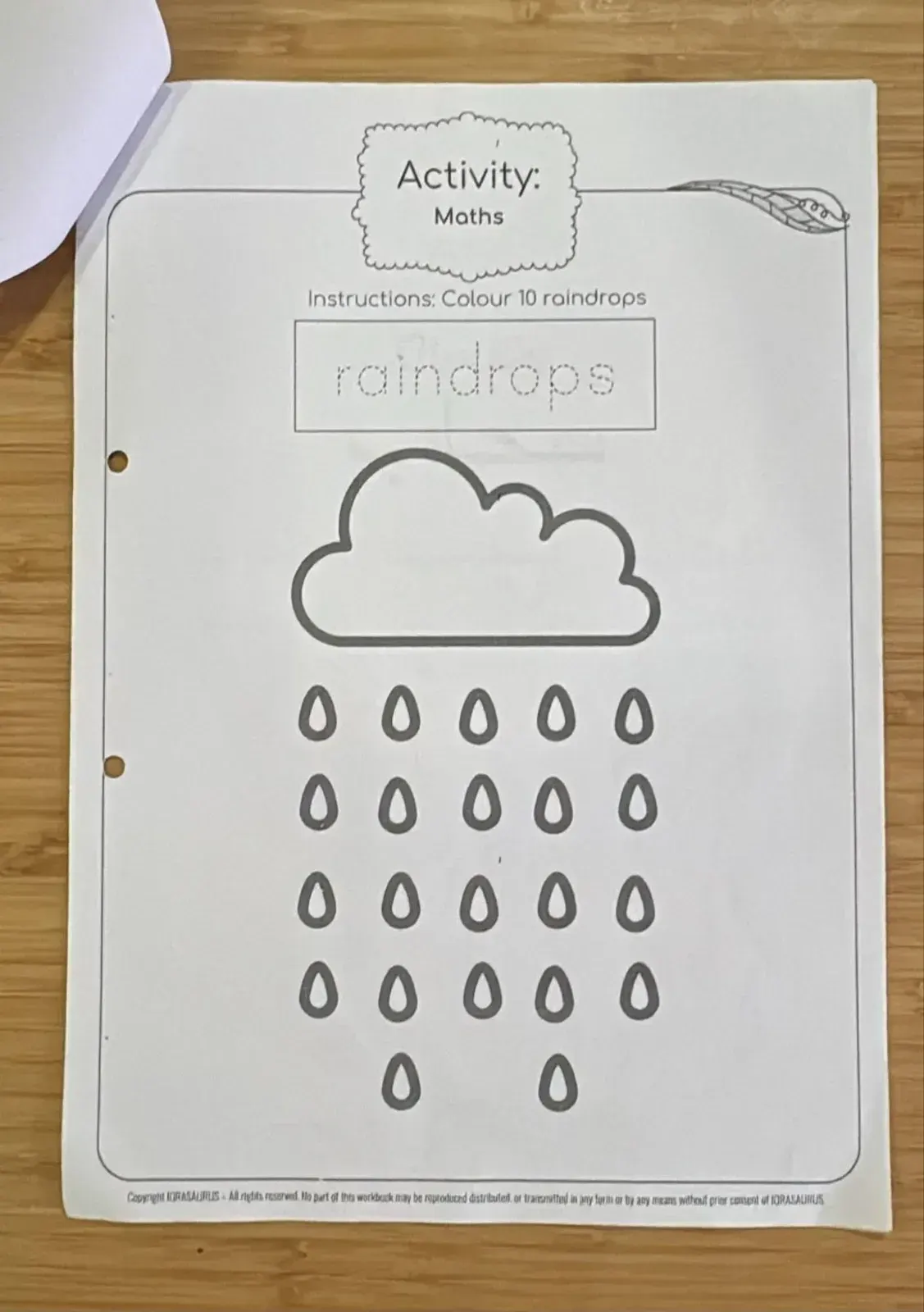 Maths activity sheet: colour 10 raindrops under a cloud
