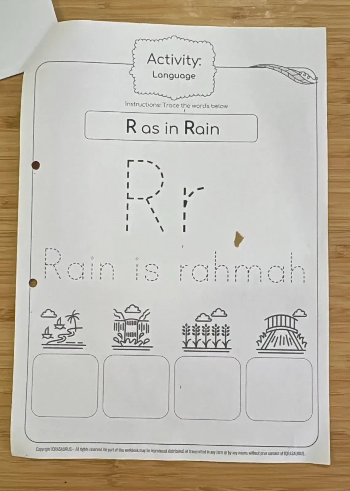 Language activity sheet: R as in Rain, with Rain is rahmah to trace
