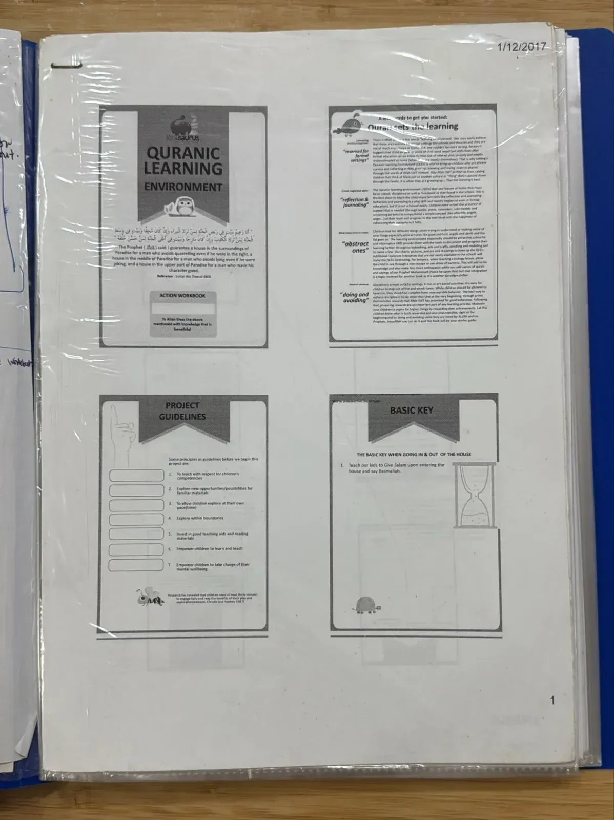 Printed pages of the Quranic Learning Environment action workbook, dated 1/12/2017