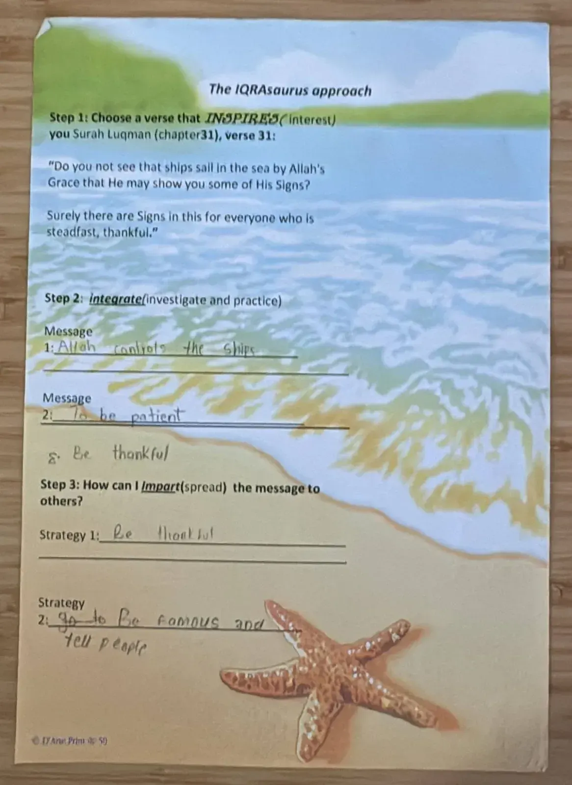 The IQRAsaurus approach worksheet with three steps and a child's handwritten answers, on a beach background