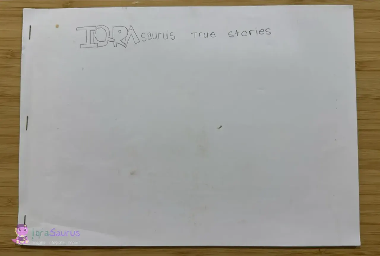 The cover of a stapled landscape booklet with the title in pencil, IQRA drawn in outline letters.