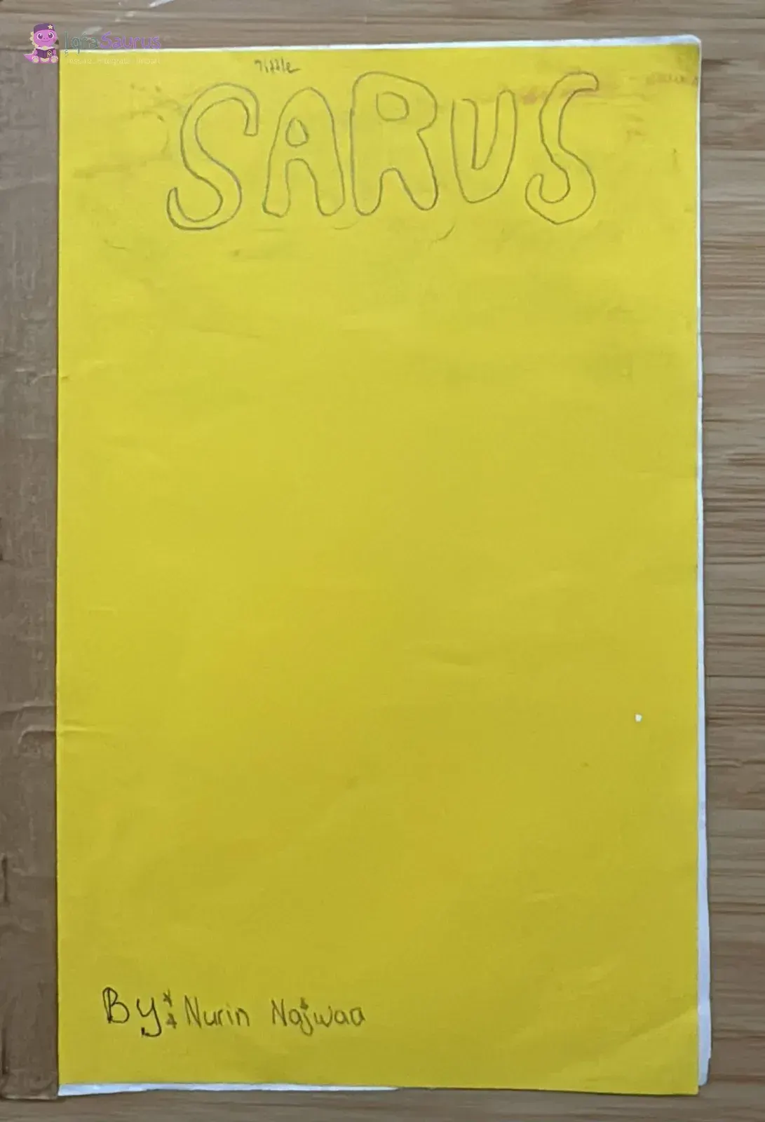A yellow card cover with SARUS in big outline letters and the author's name at the bottom.