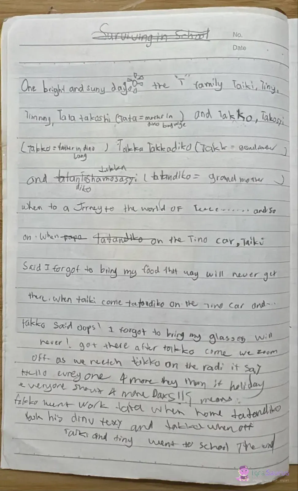 A full page of pencil handwriting about the T family of dinosaurs, with made-up dino words explained in brackets and a crossed-out title.