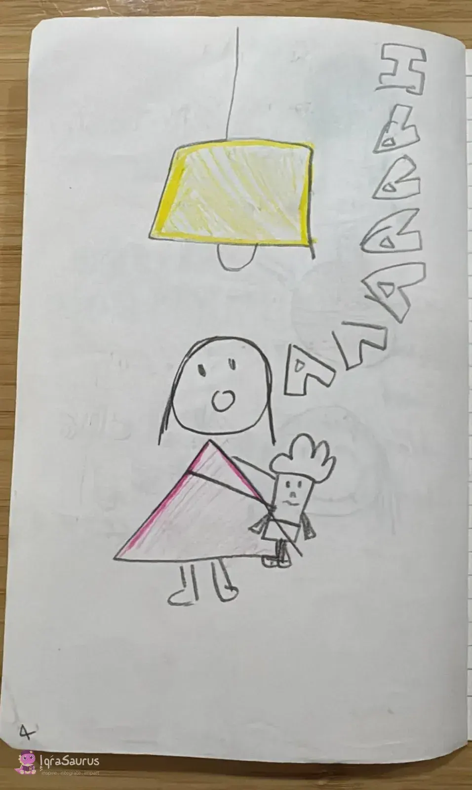 A girl in a pink triangle dress holding a small broccoli friend under a yellow hanging lamp, with HAAAAAA rising up the page in outline letters.
