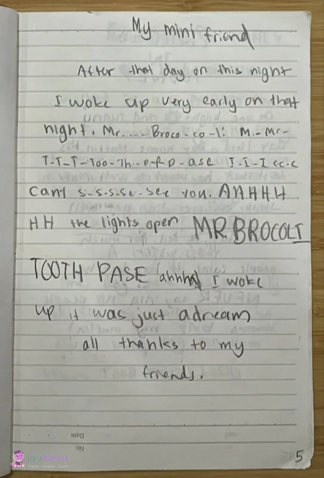 A page of handwriting in pencil about a night-time dream, with the names written in big capitals.