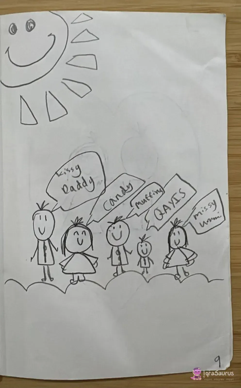 Five smiling stick figures standing on clouds under a big smiling sun, each with a speech bubble name.