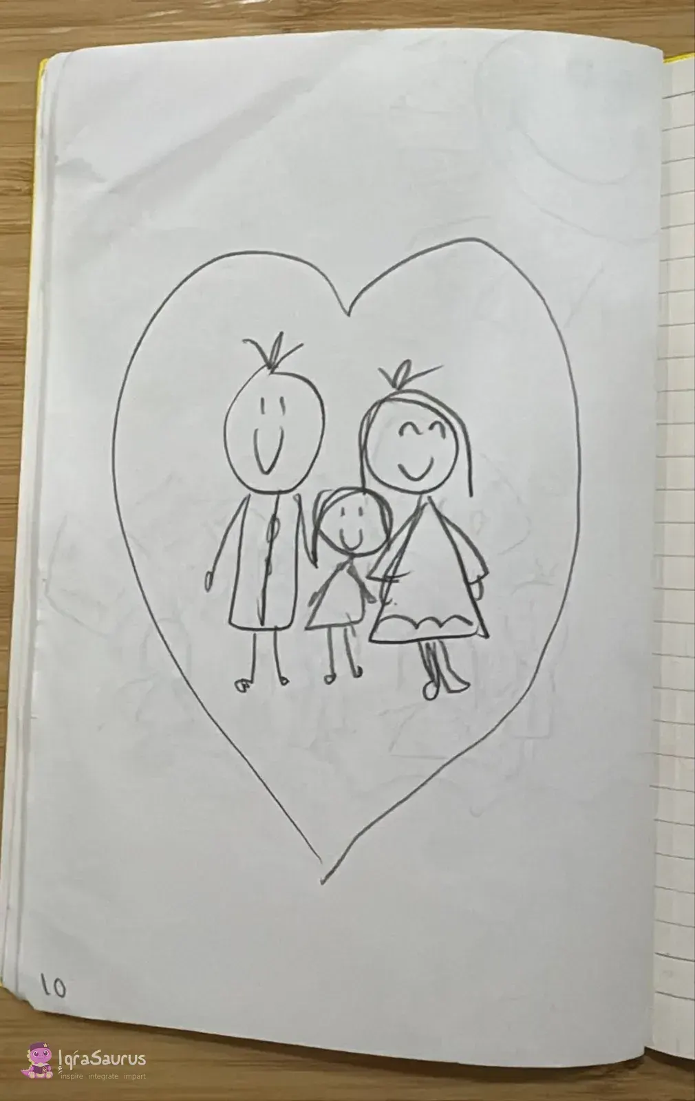 Three smiling stick figures, a father, a child and a mother holding hands, drawn inside a big heart.