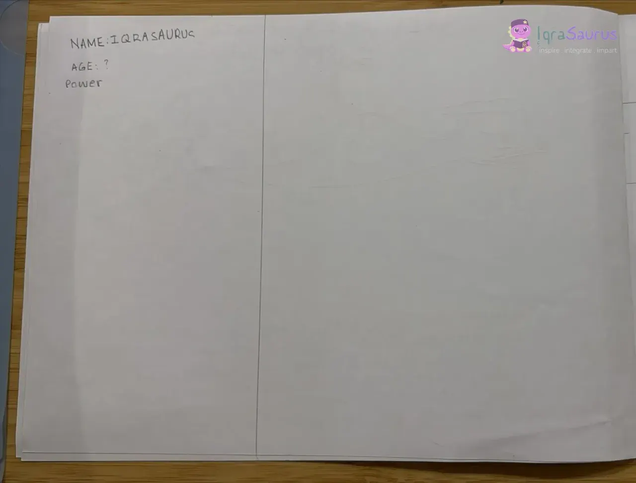 A character card page for IqraSaurus with name, age and power lines, the rest of the spread left blank.