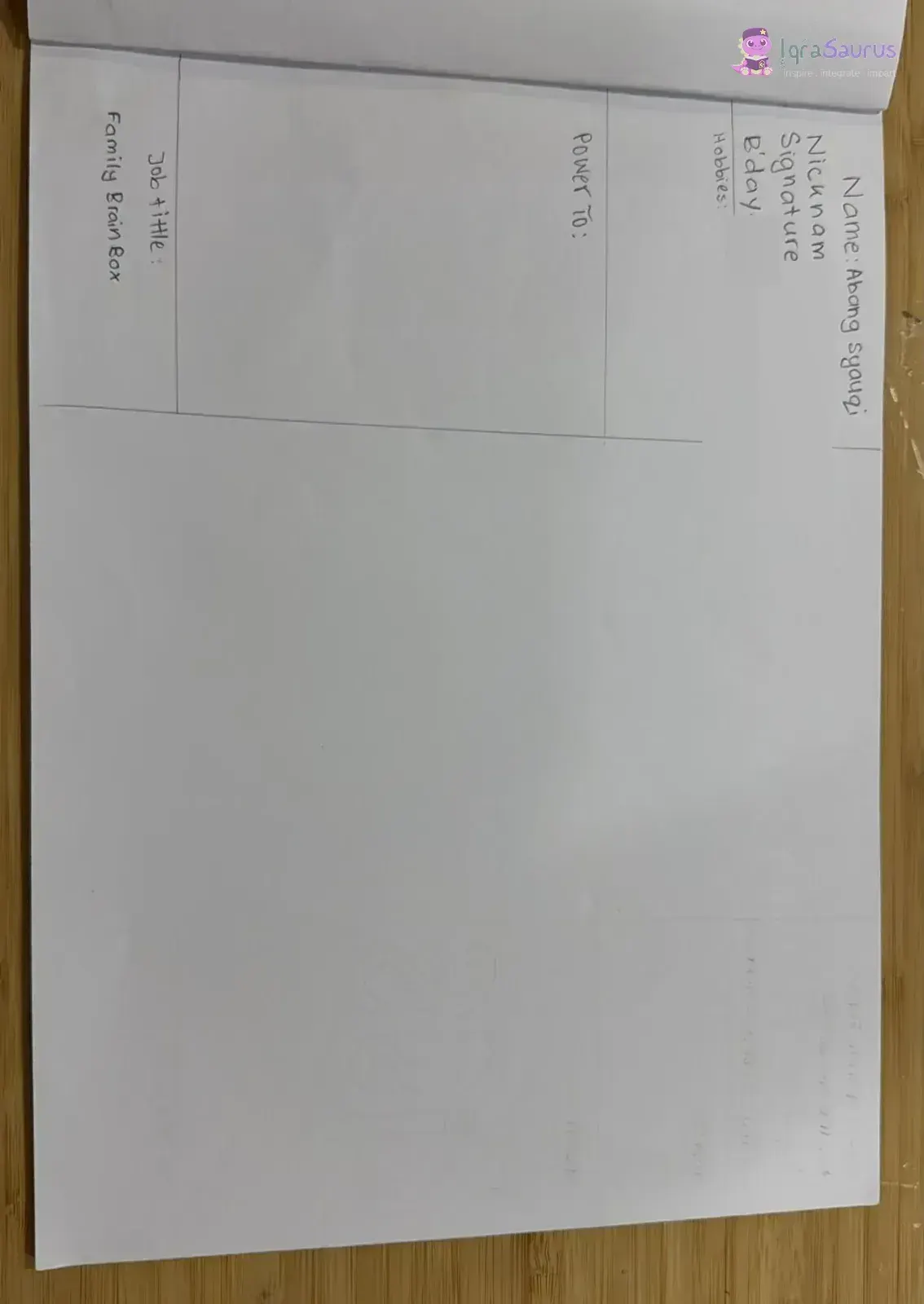 Abang Syauqi's character card, photographed sideways, with the job title Family Brain Box.