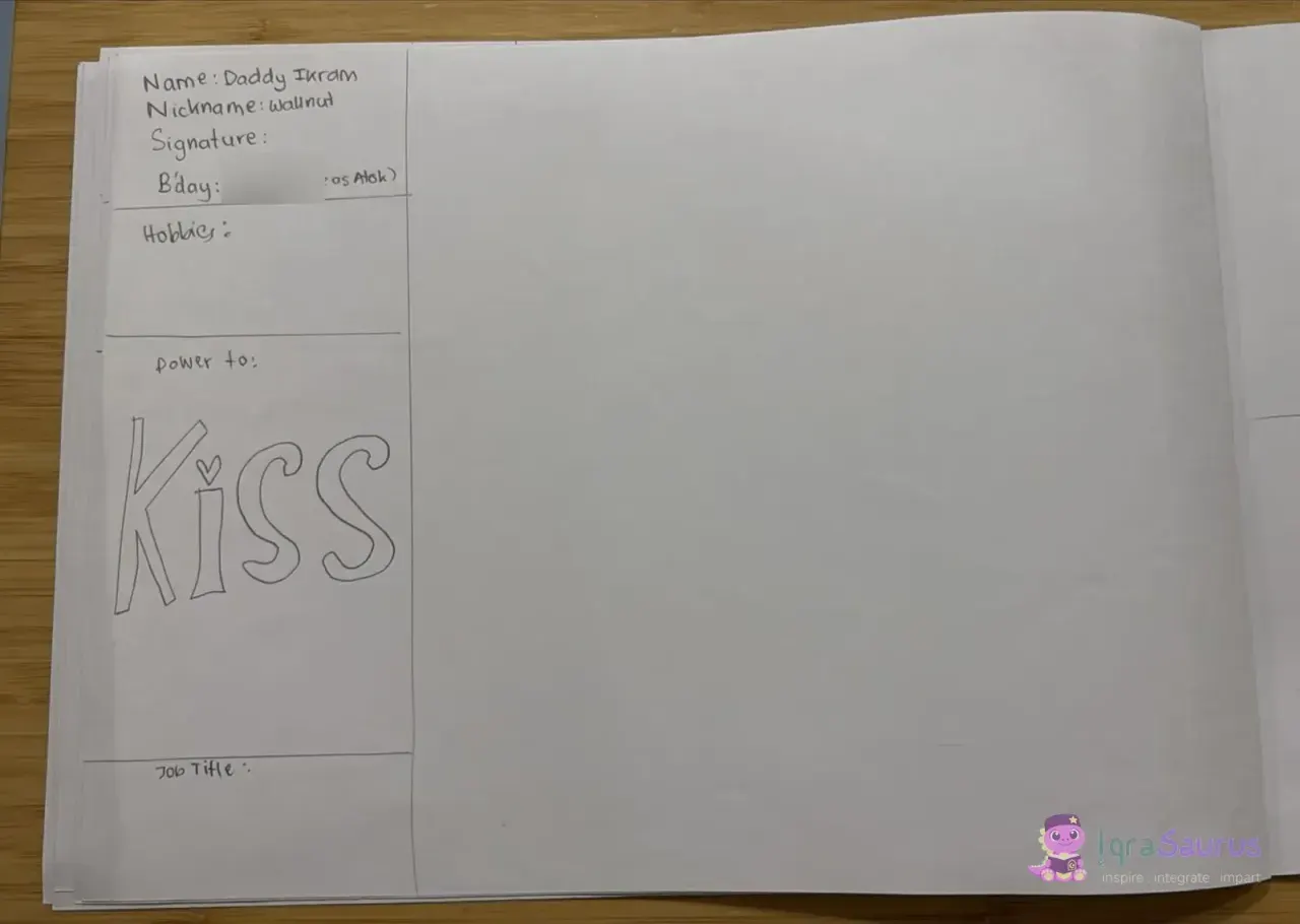 Daddy's character card, with the word KISS drawn in big outline letters and a heart dotting the i.