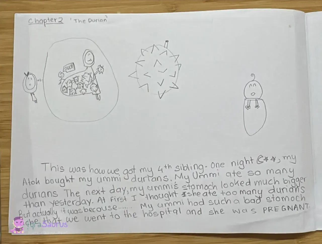 Chapter 2 in pencil: a stick figure watching a mother with a tummy full of durians saying OUCH, a spiky durian, and a baby in a wrap, above the handwritten story.