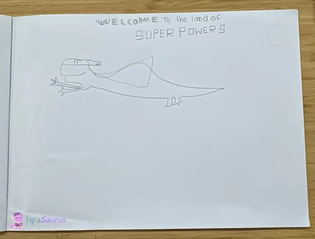 A long dinosaur with a mask and a flowing cape flying across the page under the heading Welcome to the land of Super Powers.