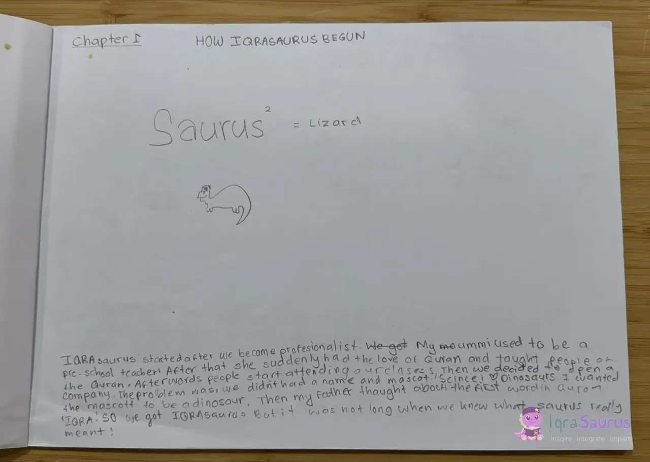 Nurin’s hand-written page "How IQRASAURUS begun" with "Saurus = Lizard" and a small dinosaur in a cap