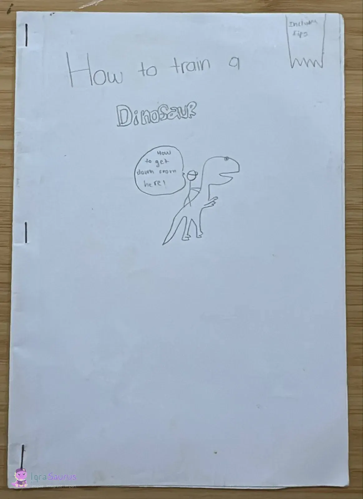 Pencil cover of "How to train a DINOSAUR", with a rider on a dinosaur saying "How to get down from here!"