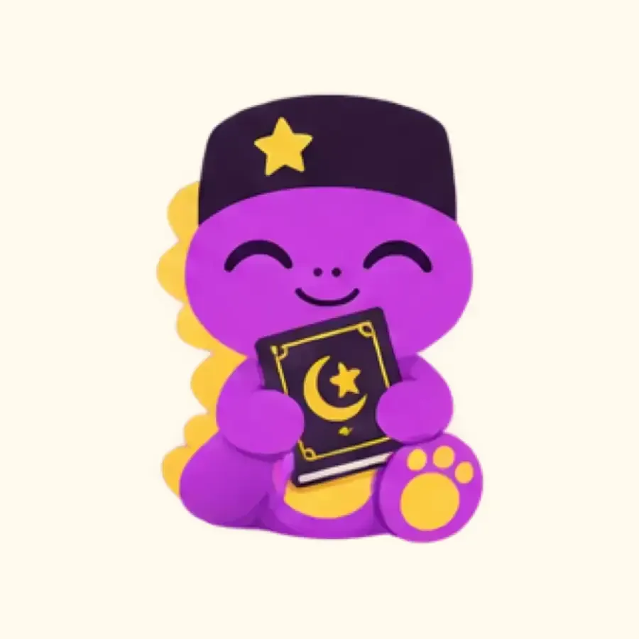 The IqraSaurus dino in a songkok, smiling and hugging a Quran