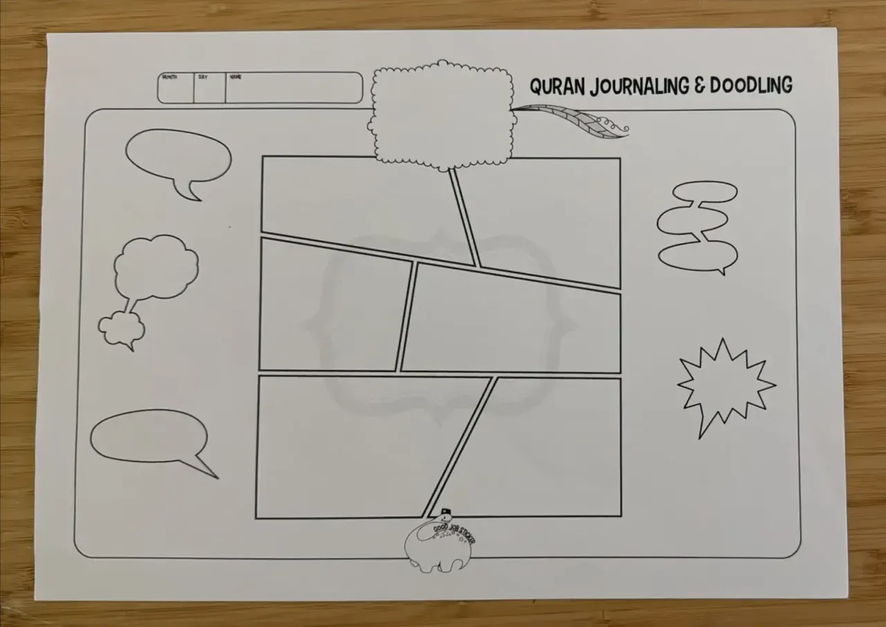 A blank Quran Journaling & Doodling sheet with comic panels and speech bubbles