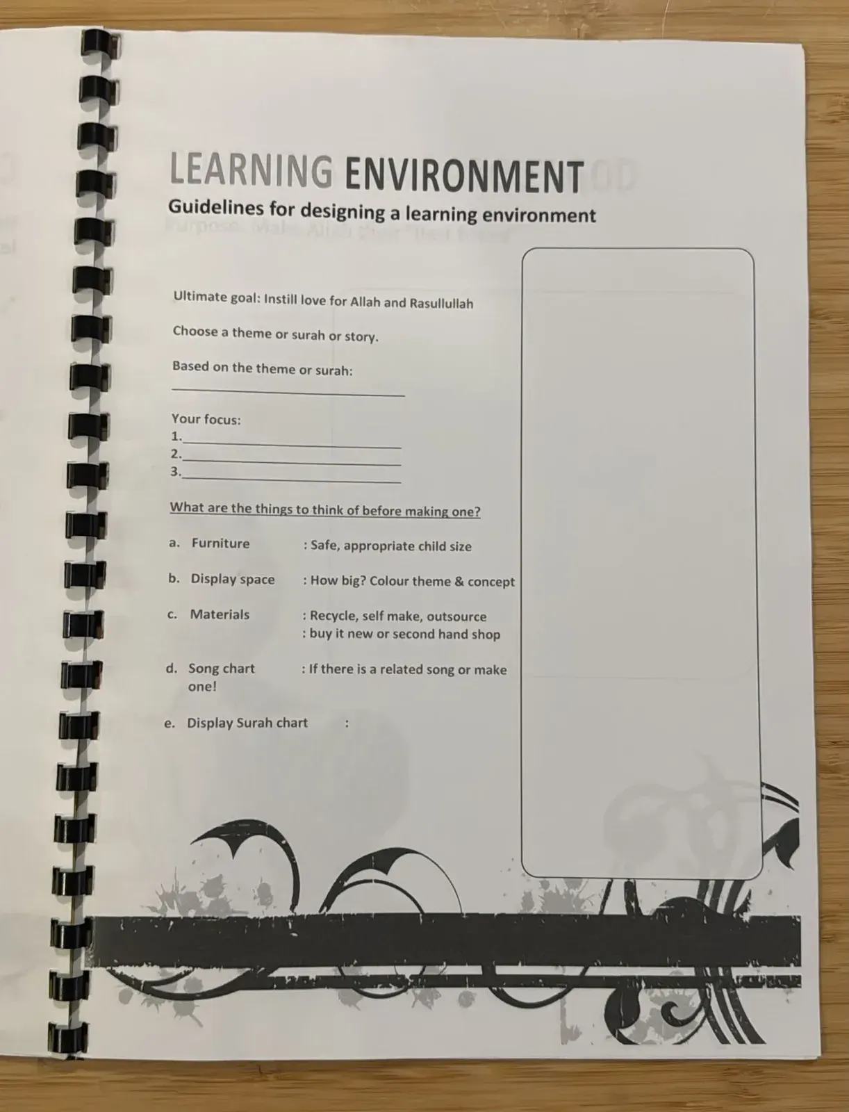 Learning Environment page with guidelines for designing a learning space around a theme or surah