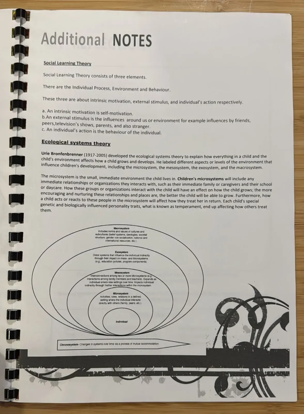 Additional Notes page on social learning theory and ecological systems theory, with a diagram of nested circles