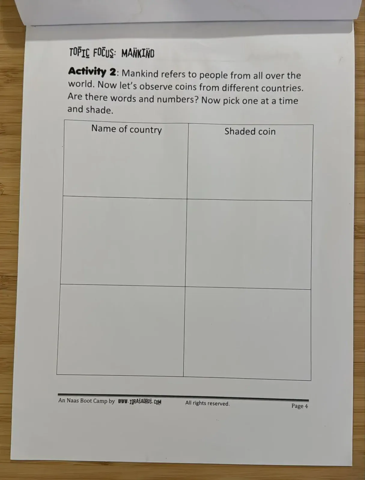 Activity 2: a table for the name of a country and a shaded coin