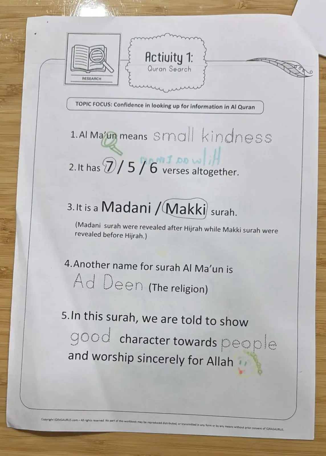 Hilwaa's Quran Search page, with traced answers, circled choices and a smiley