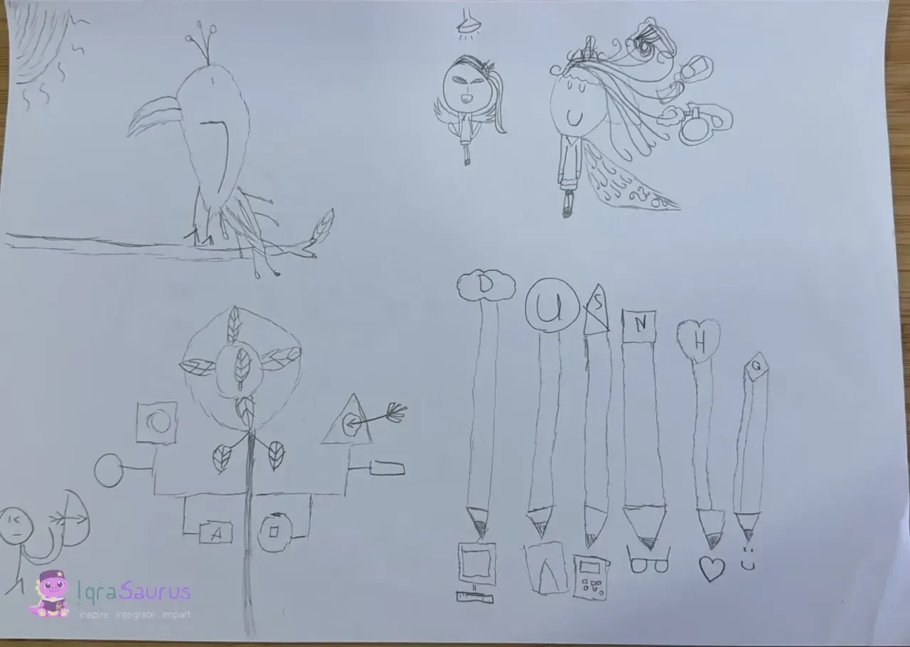 Nurin's pencil doodles: a bird on a branch, winged girls, a family-tree diagram and six pencils lettered D U S N H Q