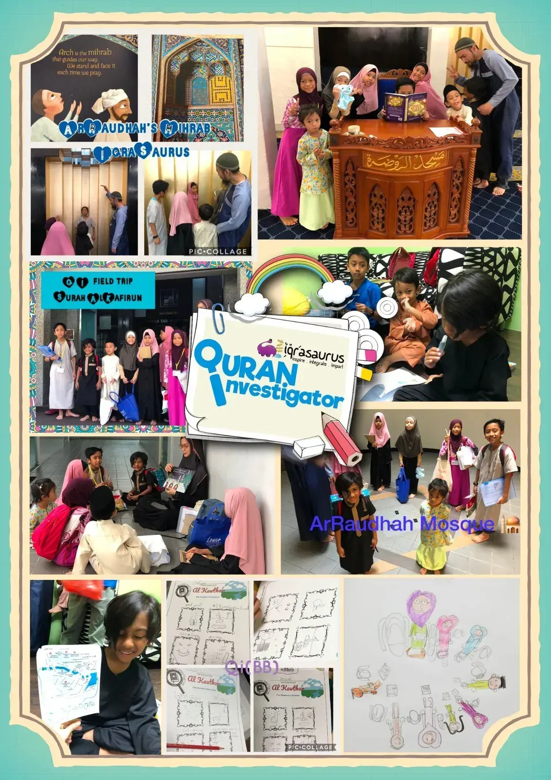 Collage of the Quran Investigators field trip to Ar-Raudhah Mosque: the mihrab, the minbar and the group