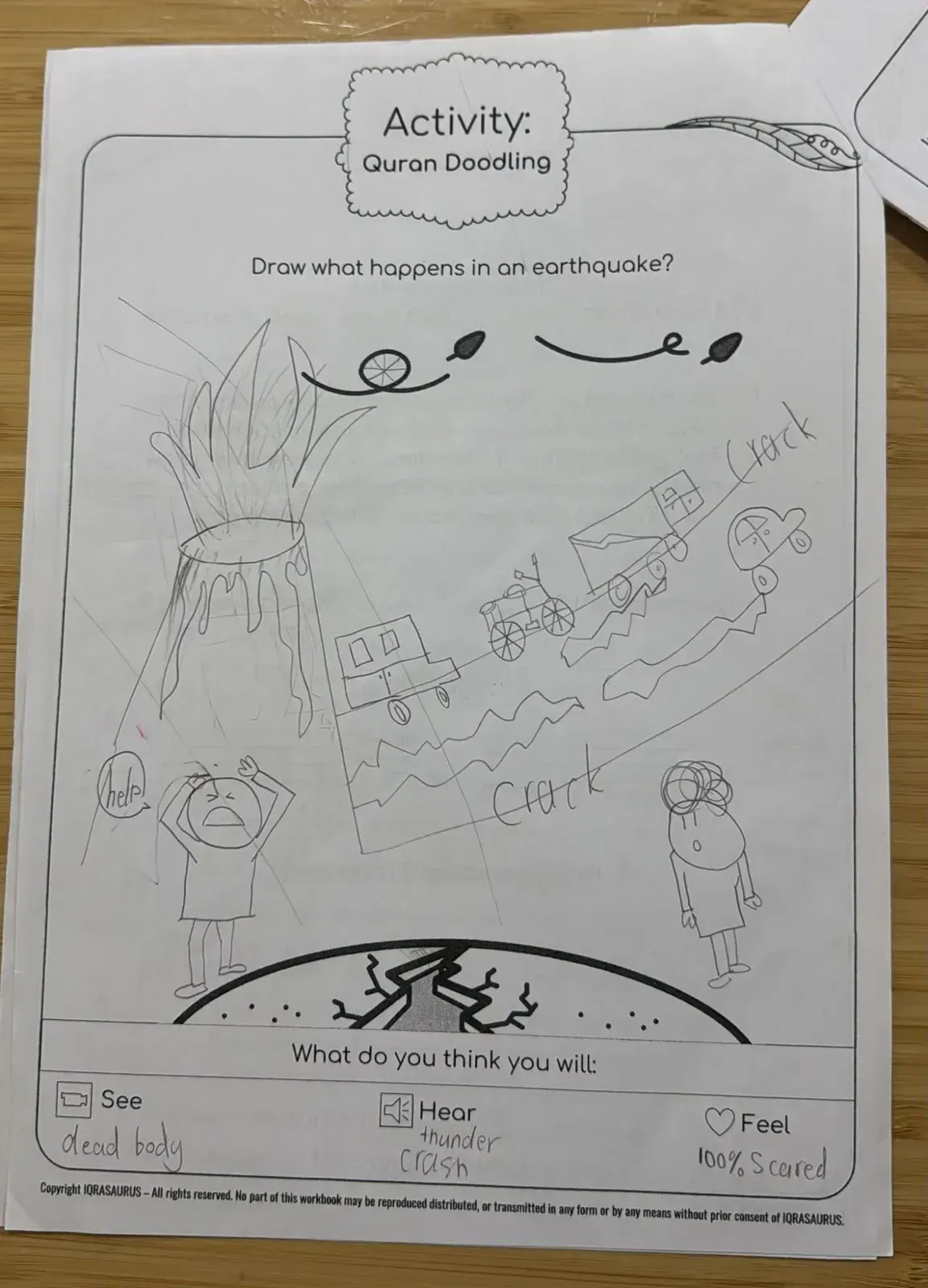 A child's drawing of an earthquake: a volcano, cars on a cracking road and a person crying for help