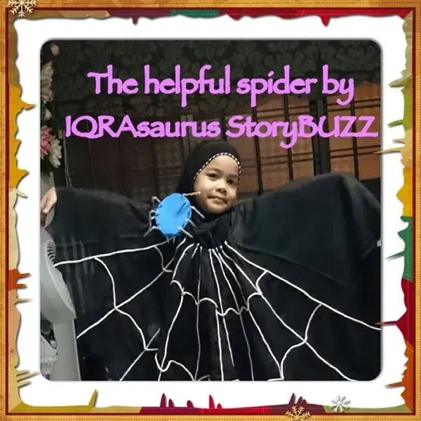 A young girl in a black hijab wears a spider-web cape with a blue felt spider, arms spread