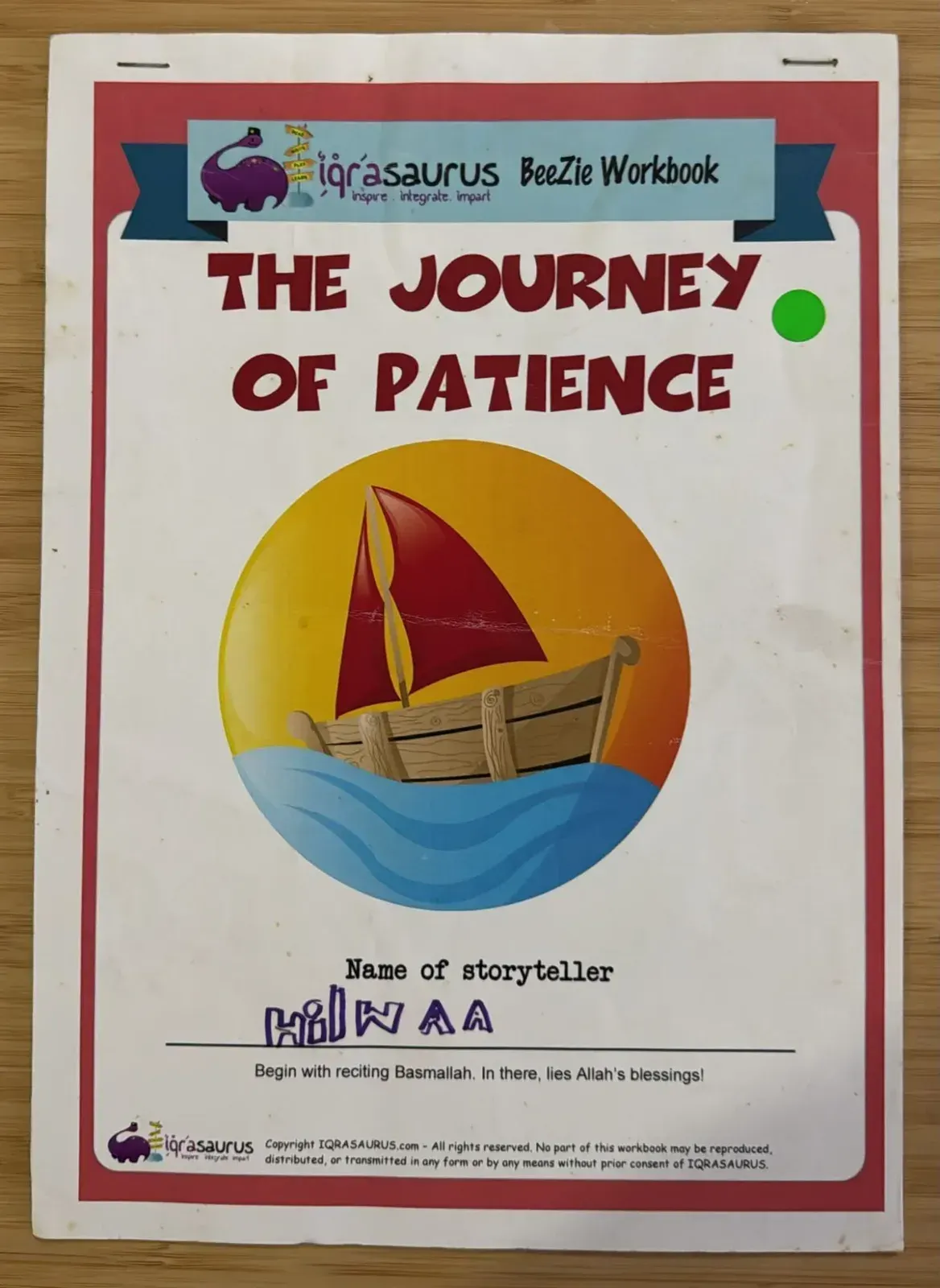 The cover of The Journey of Patience, a BeeZie Workbook, with a sailing boat and Hilwaa's name as storyteller