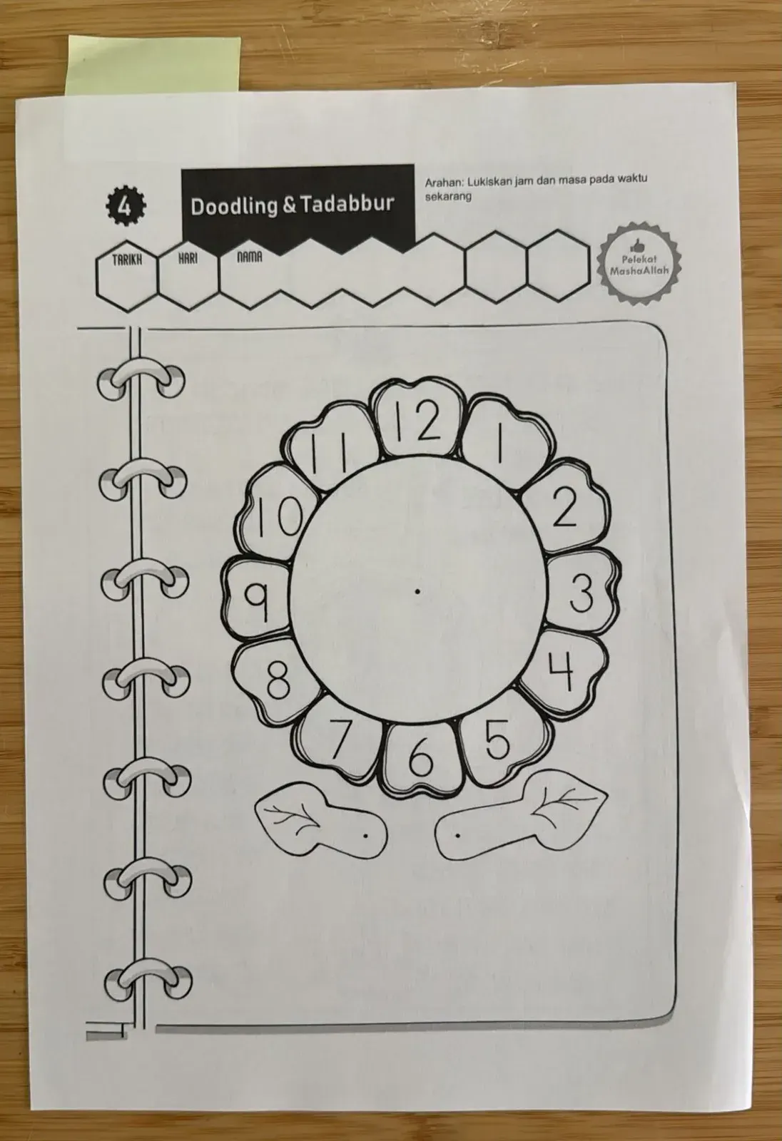 A draft doodling page from the Al-Asr lesson with a large clock face