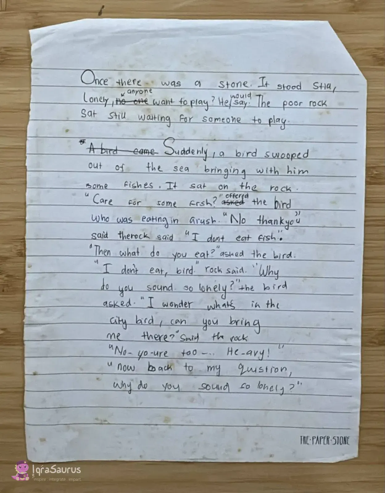 A handwritten story page that begins "Once there was a stone"