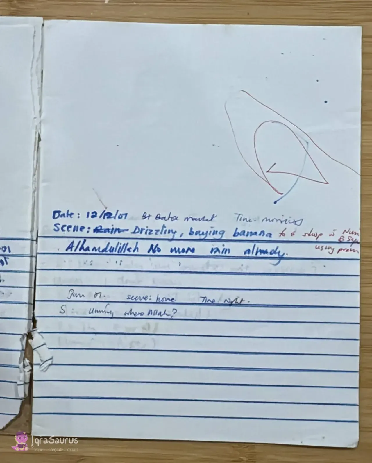 Notebook page with a note dated 12/12/07 and the question Ummiy, where Allah?