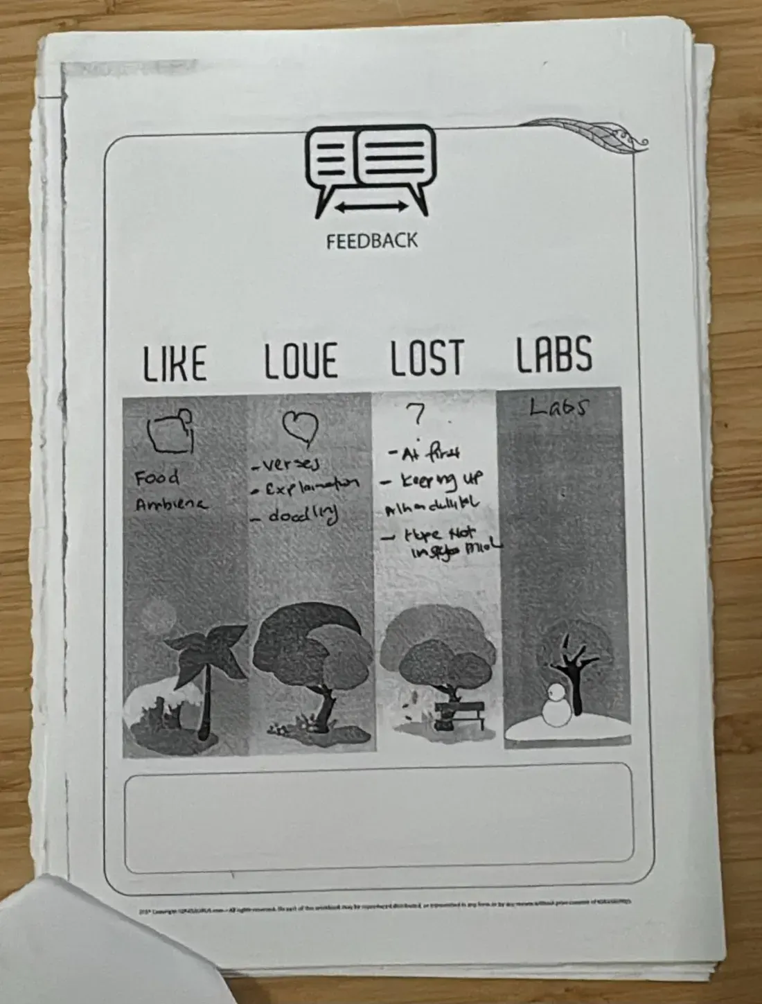 A handwritten Like, Love, Lost, Labs feedback form