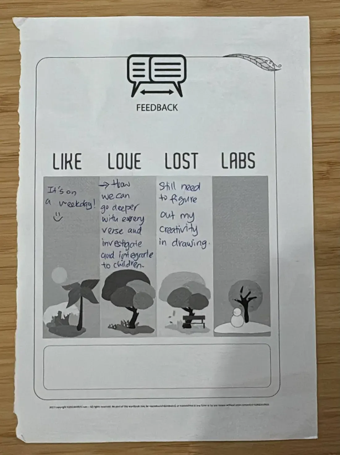 A handwritten Like, Love, Lost, Labs feedback form