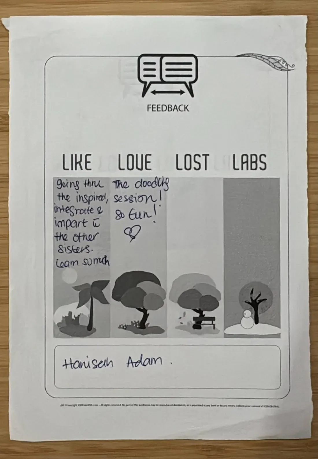 A handwritten Like, Love, Lost, Labs feedback form signed Hanisah Adam
