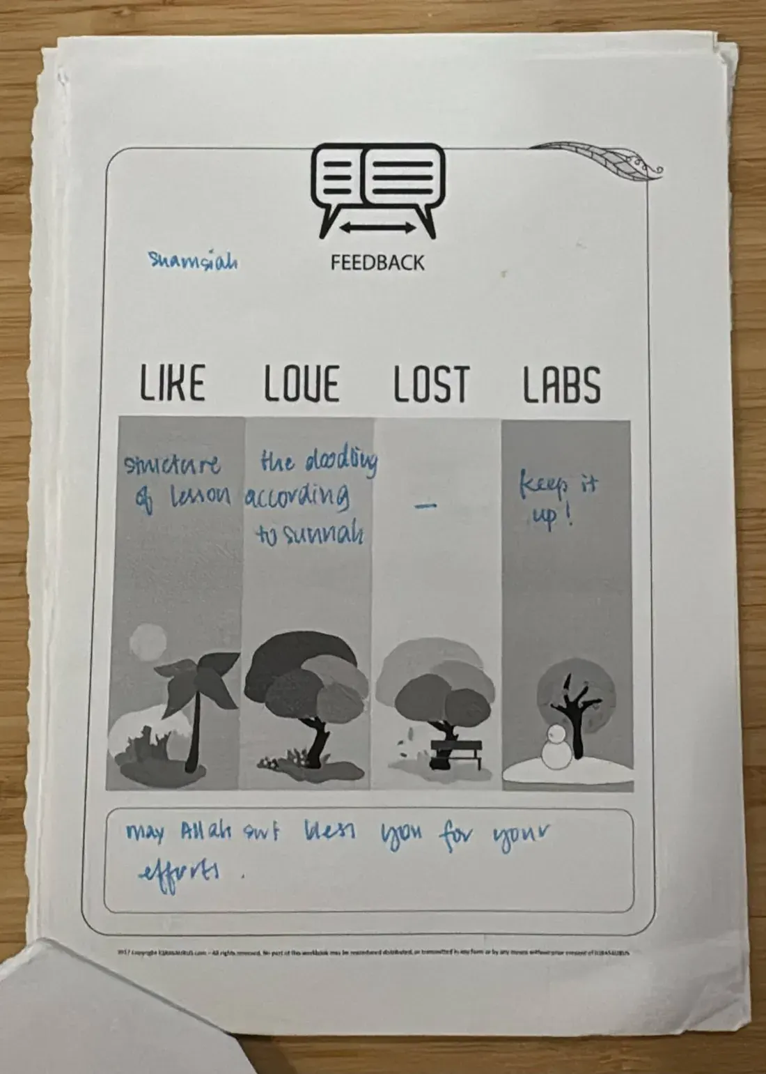 A handwritten Like, Love, Lost, Labs feedback form signed Shamsiah