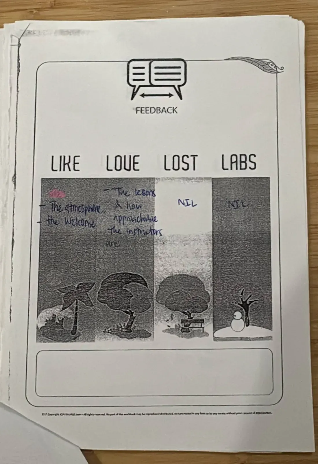 A handwritten Like, Love, Lost, Labs feedback form